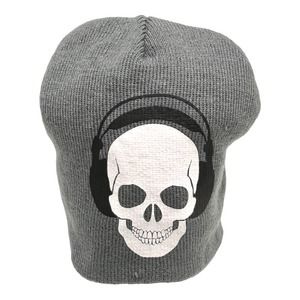 Rock Star Knit Ski Snow Beanie with "Skull Headphones", Gray